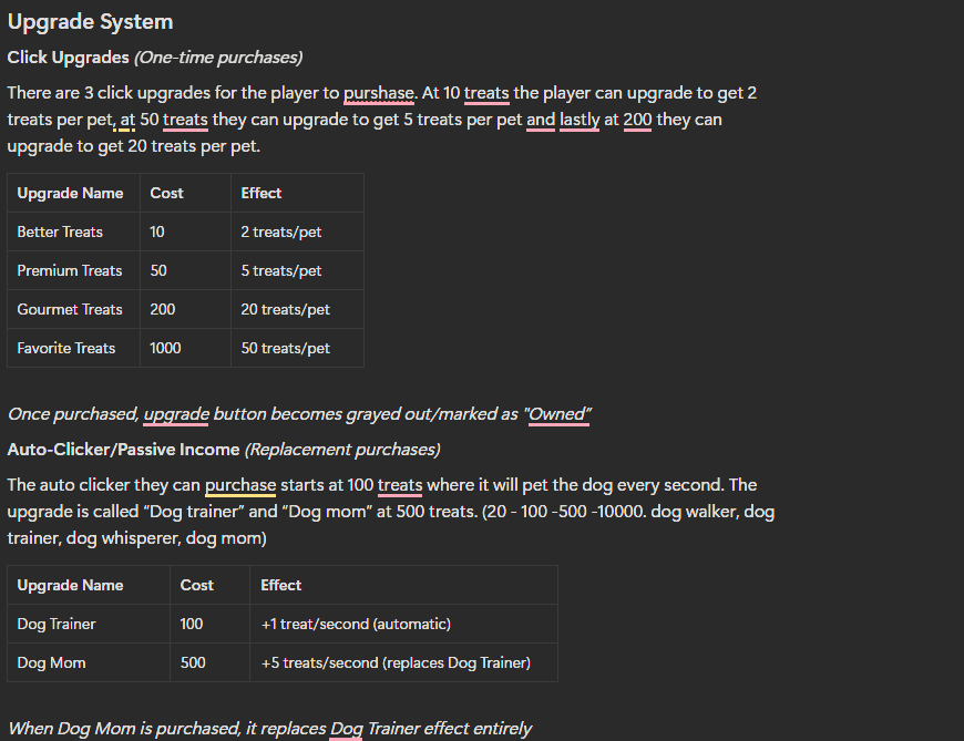 A page from the Game Design Document outlining core mechanic loops and scope
